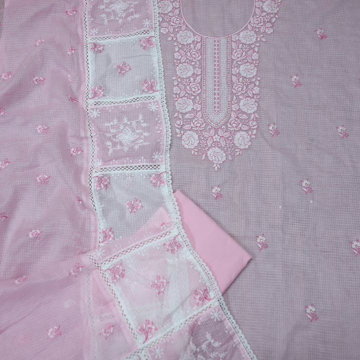Khuda Mauvelous Pink Thread Embroidered Neck Work Kota Doriya Suit Set