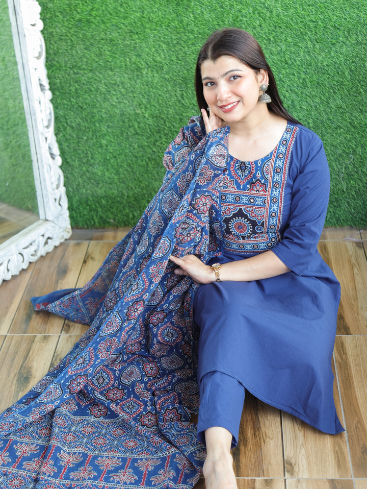 Saloni Sapphire Blue Ajrak Printed Yoke with Mirror Work Cotton 3 Piece Set D2