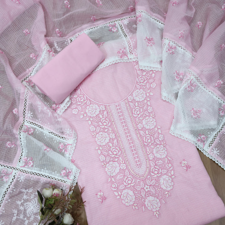 Khuda Mauvelous Pink Thread Embroidered Neck Work Kota Doriya Suit Set