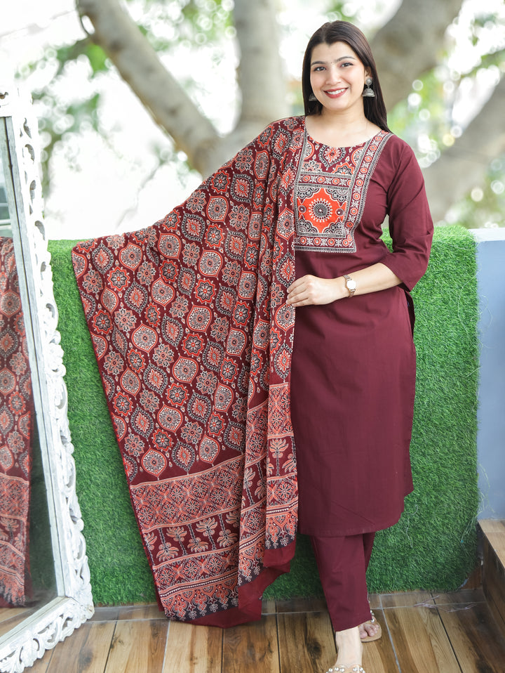 Saloni Burgundy Wine Ajrak Printed Yoke with Mirror Work Cotton 3 Piece Set D2