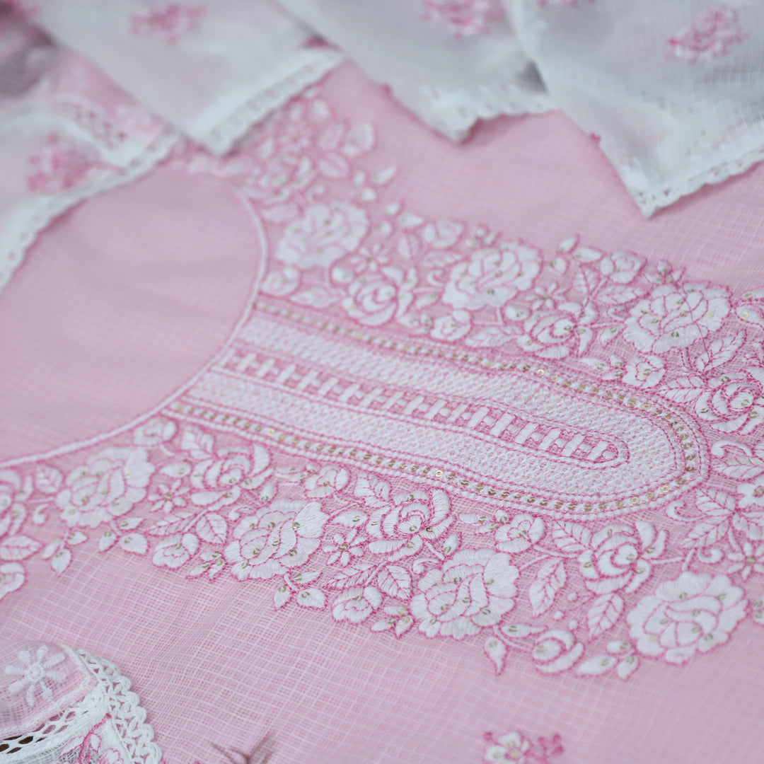 Khuda Mauvelous Pink Thread Embroidered Neck Work Kota Doriya Suit Set