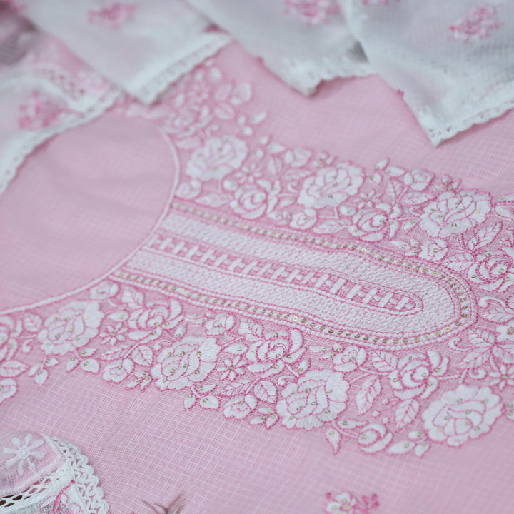Khuda Mauvelous Pink Thread Embroidered Neck Work Kota Doriya Suit Set