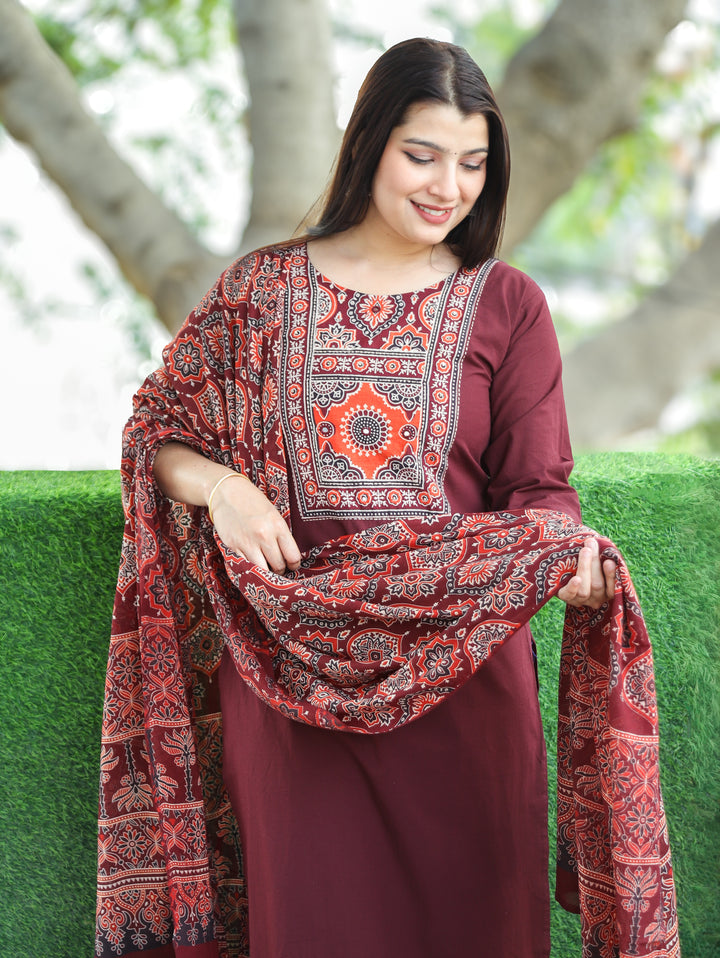 Saloni Burgundy Wine Ajrak Printed Yoke with Mirror Work Cotton 3 Piece Set D2