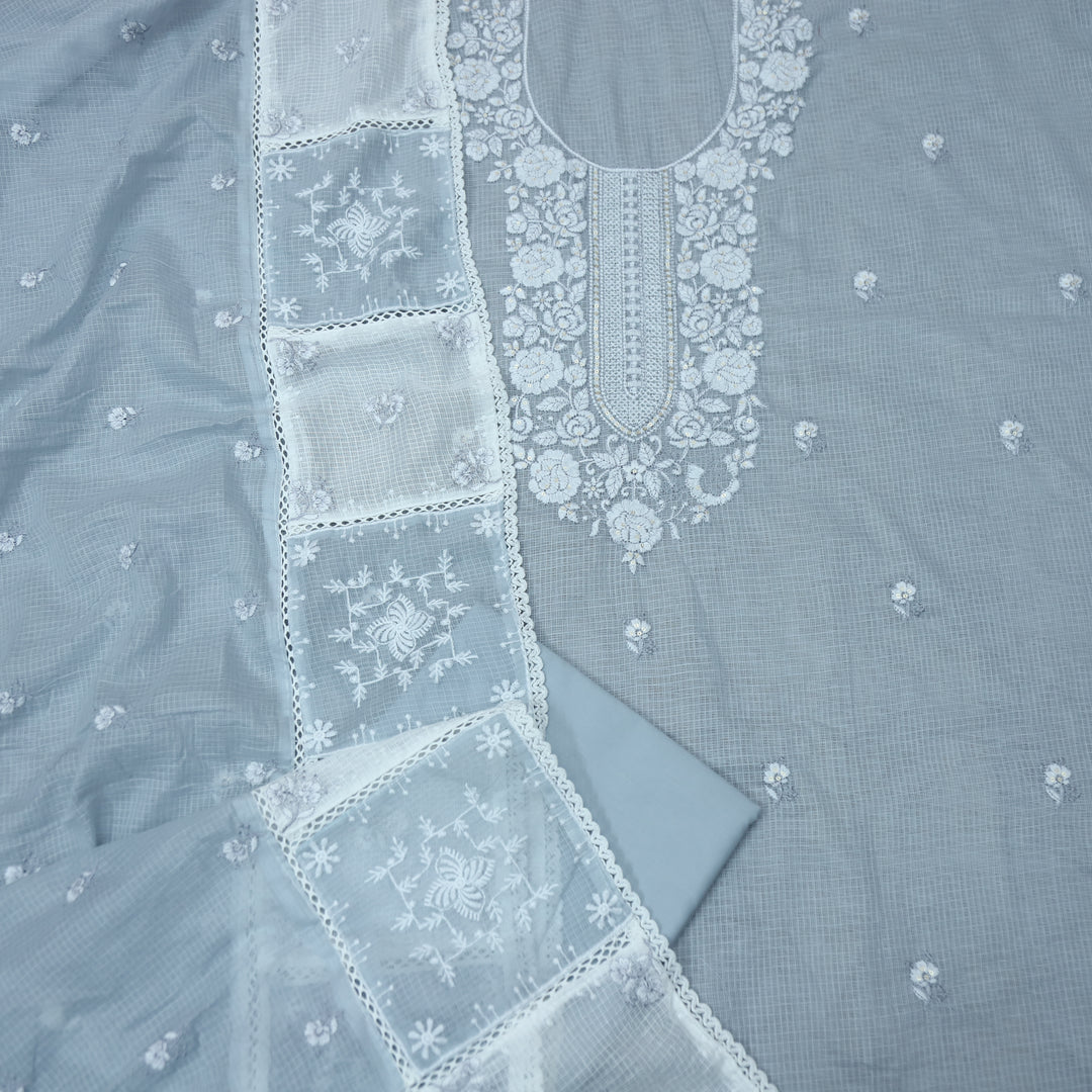 Khuda Shadow Gray Thread Embroidered Neck Work Kota Doriya Suit Set