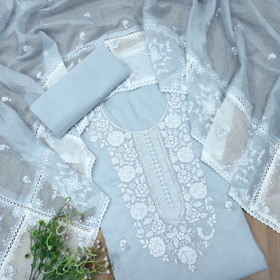 Khuda Shadow Gray Thread Embroidered Neck Work Kota Doriya Suit Set
