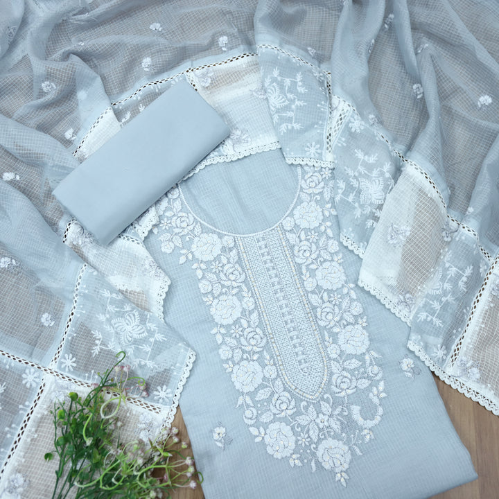 Khuda Shadow Gray Thread Embroidered Neck Work Kota Doriya Suit Set