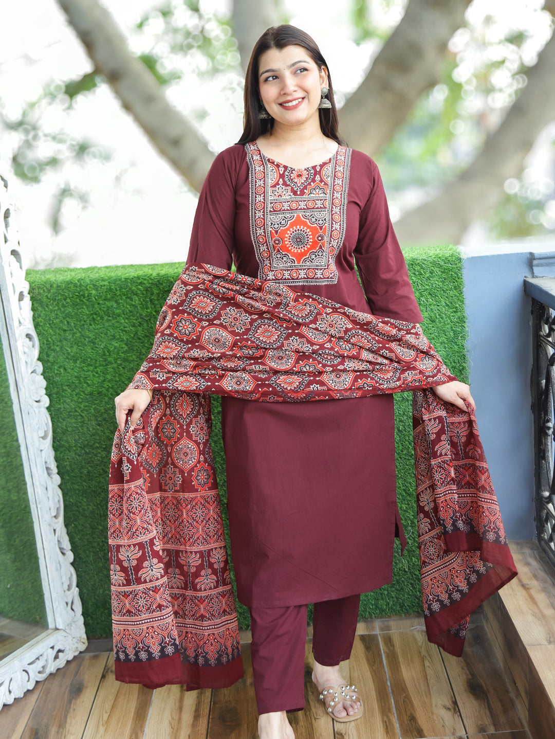 Saloni Burgundy Wine Ajrak Printed Yoke with Mirror Work Cotton 3 Piece Set D2