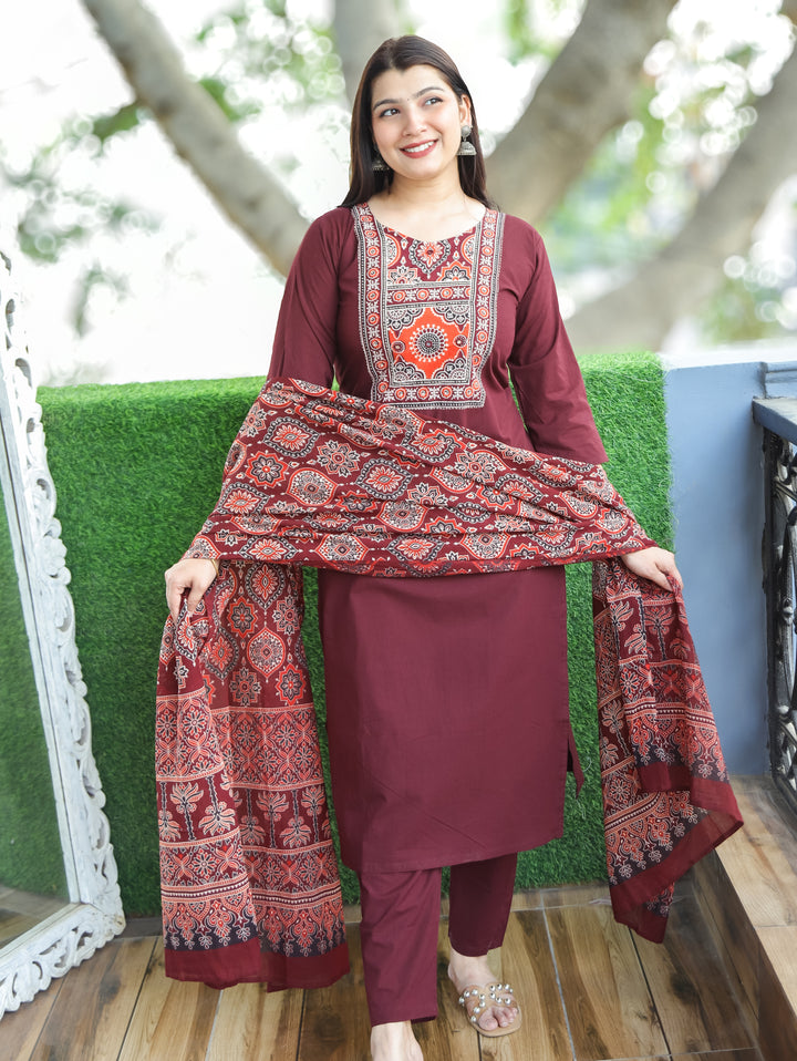 Saloni Burgundy Wine Ajrak Printed Yoke with Mirror Work Cotton 3 Piece Set D2