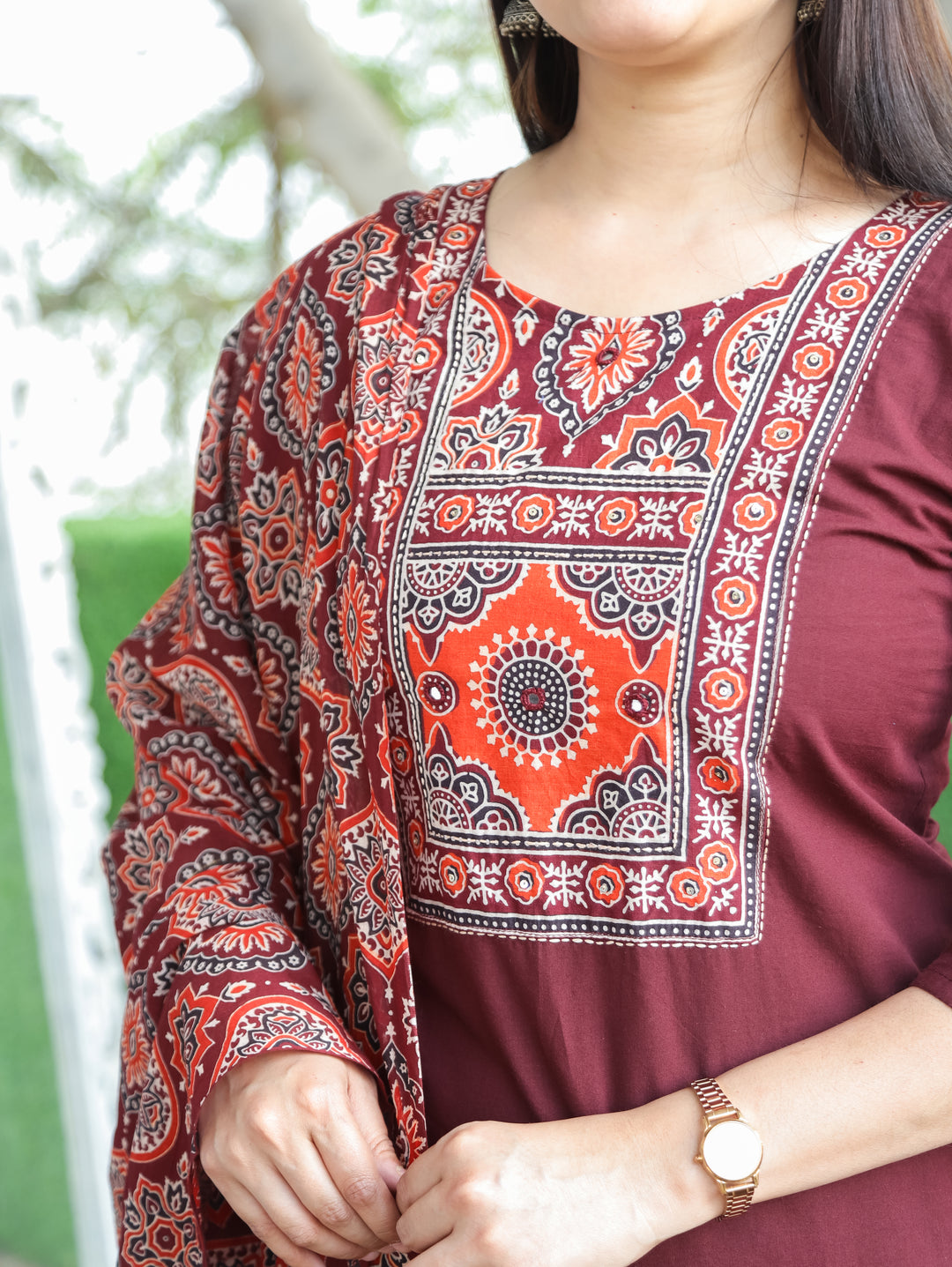 Saloni Burgundy Wine Ajrak Printed Yoke with Mirror Work Cotton 3 Piece Set D2