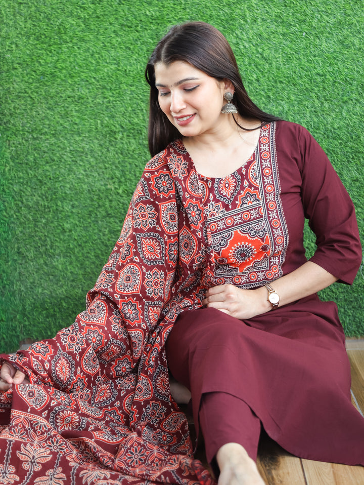Saloni Burgundy Wine Ajrak Printed Yoke with Mirror Work Cotton 3 Piece Set D2