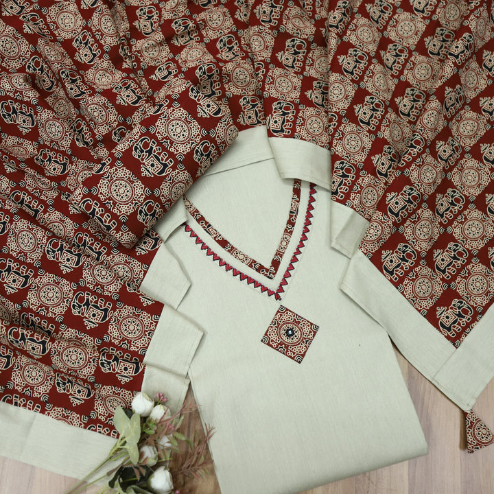 Khuda Khaki Cream V Neck Lace With Thread Work Cotton Flex Suit Set