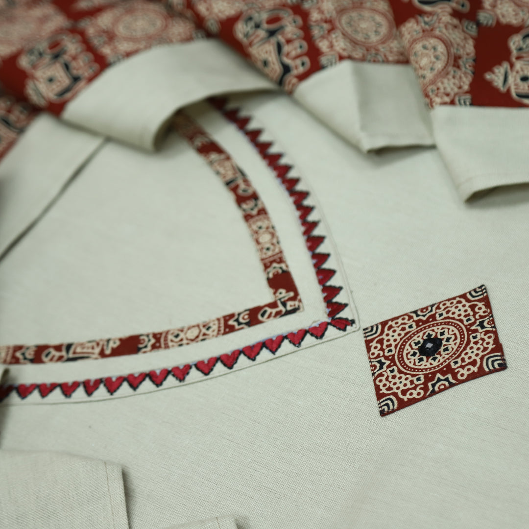 Khuda Khaki Cream V Neck Lace With Thread Work Cotton Flex Suit Set