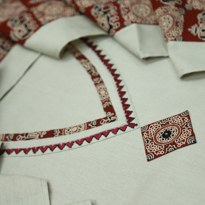 Khuda Khaki Cream V Neck Lace With Thread Work Cotton Flex Suit Set