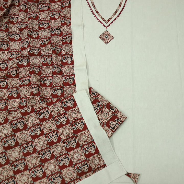 Khuda Khaki Cream V Neck Lace With Thread Work Cotton Flex Suit Set