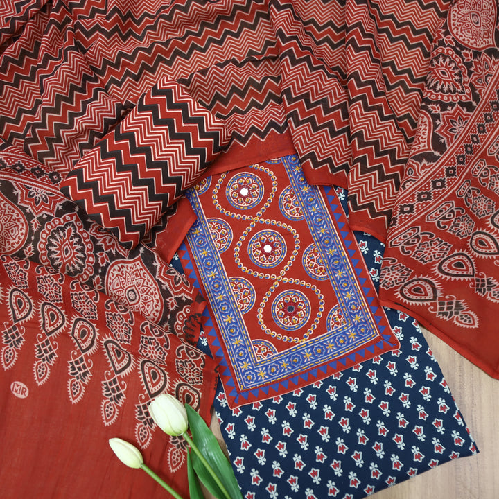 Rubayat Denim Blue Mirror Neck Work in Printed Cotton Suit Set