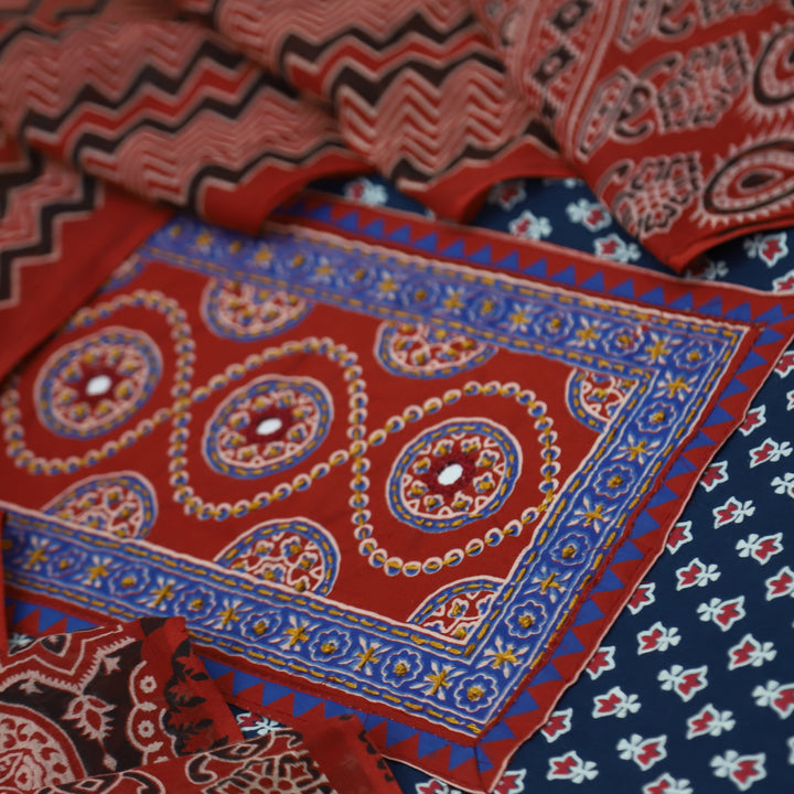 Rubayat Denim Blue Mirror Neck Work in Printed Cotton Suit Set