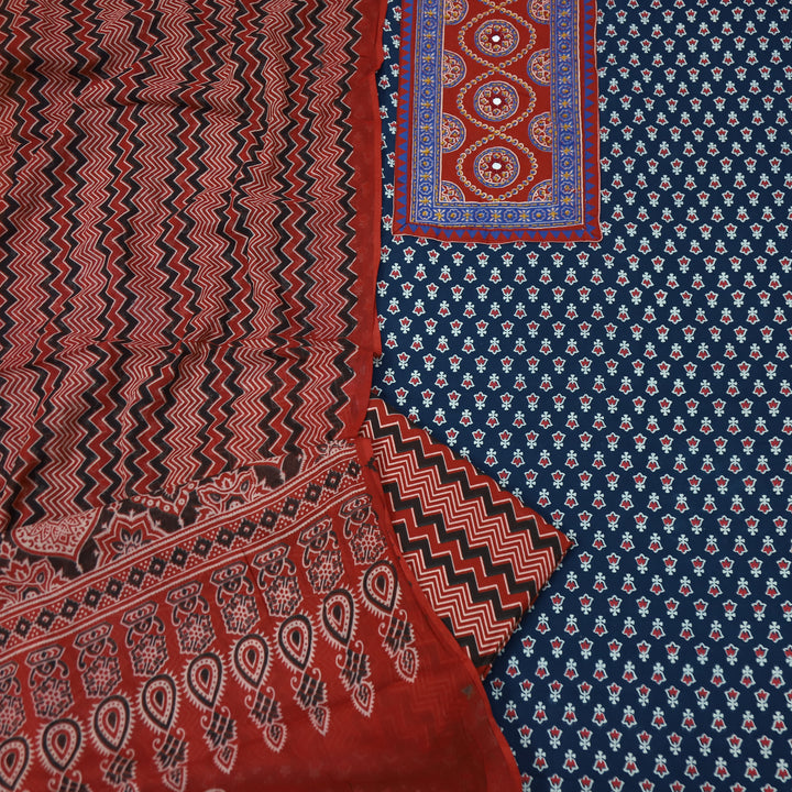 Rubayat Denim Blue Mirror Neck Work in Printed Cotton Suit Set
