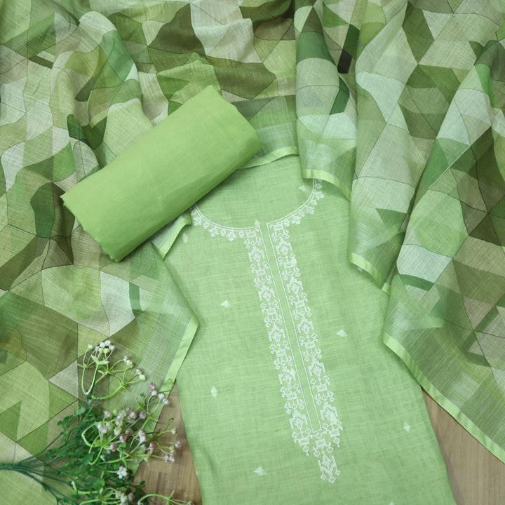 Rukhsat Parrot Green Cross-Stitch Embroidery Neck Cotton Linen Suit Set