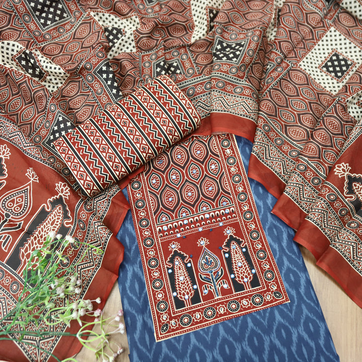 Jogiya Denim Blue Ajrak Printed Thread with Mirror Yoke Ikkat Print Cotton Suit Set