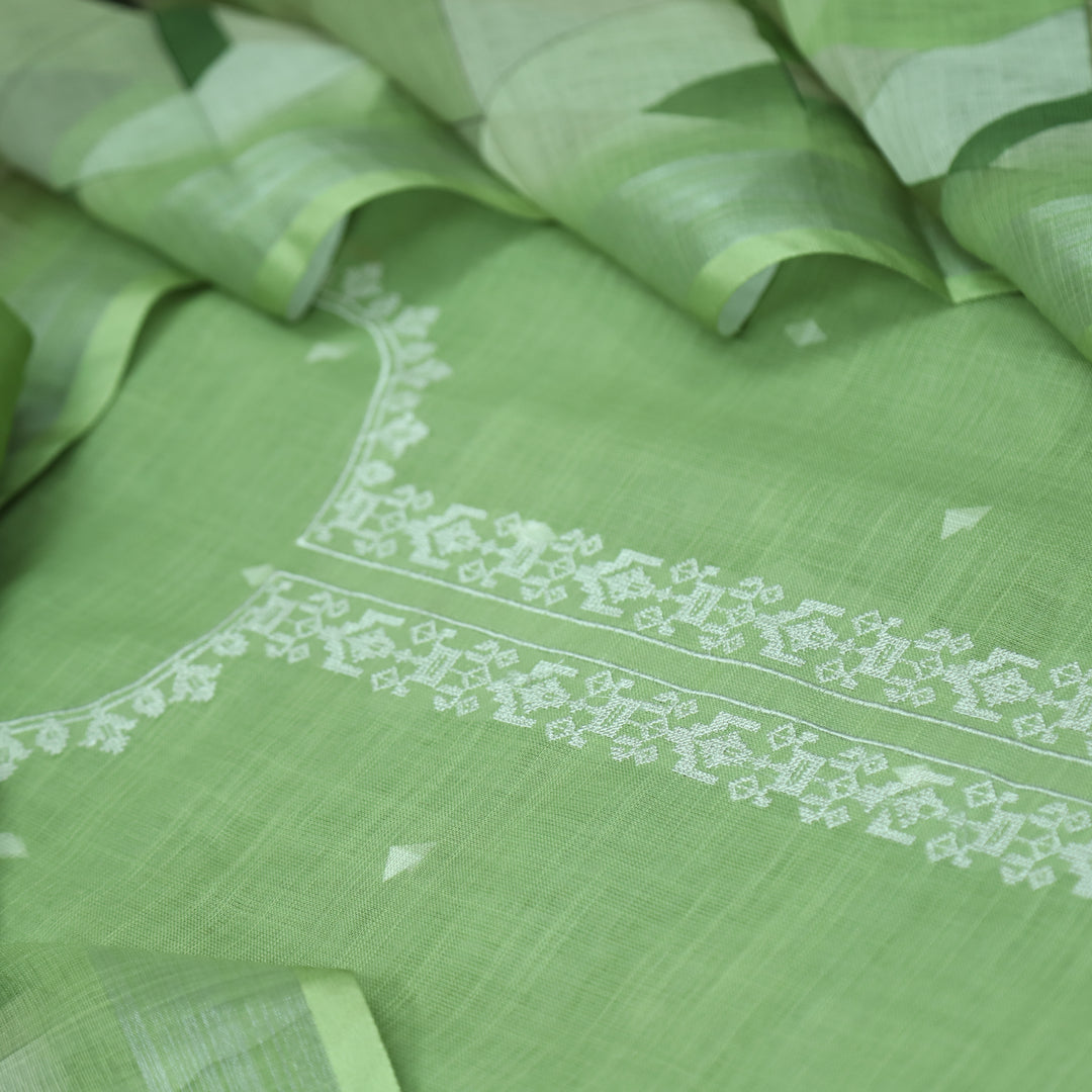 Rukhsat Parrot Green Cross-Stitch Embroidery Neck Cotton Linen Suit Set