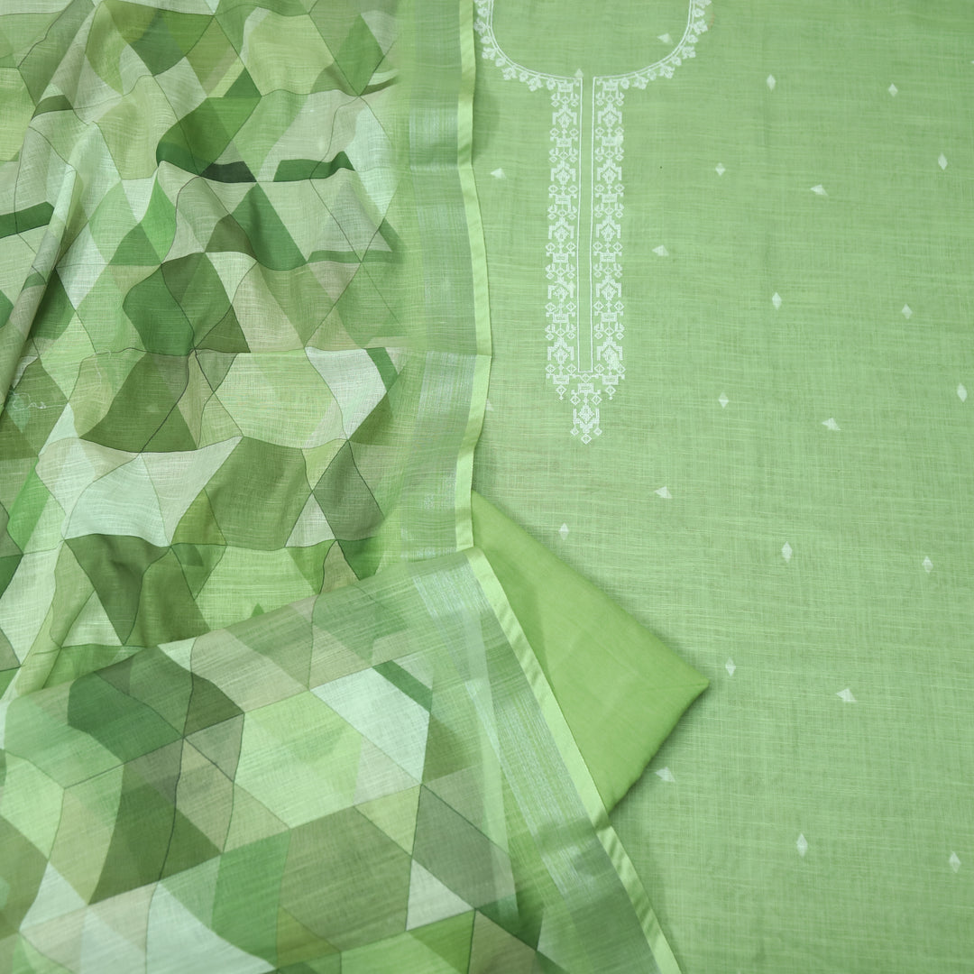 Rukhsat Parrot Green Cross-Stitch Embroidery Neck Cotton Linen Suit Set