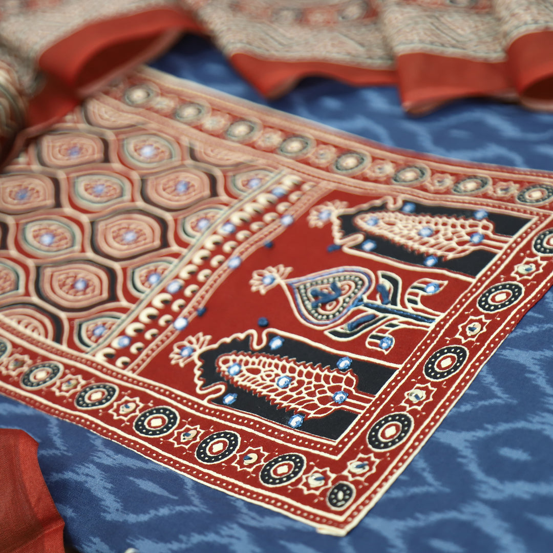 Jogiya Denim Blue Ajrak Printed Thread with Mirror Yoke Ikkat Print Cotton Suit Set