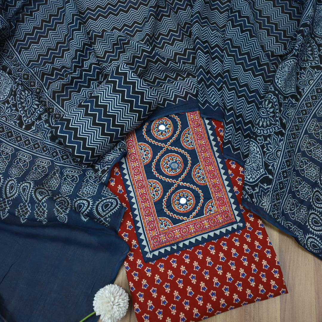 Rubayat Berry Red Mirror Neck Work in Printed Cotton Suit Set