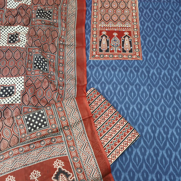 Jogiya Denim Blue Ajrak Printed Thread with Mirror Yoke Ikkat Print Cotton Suit Set