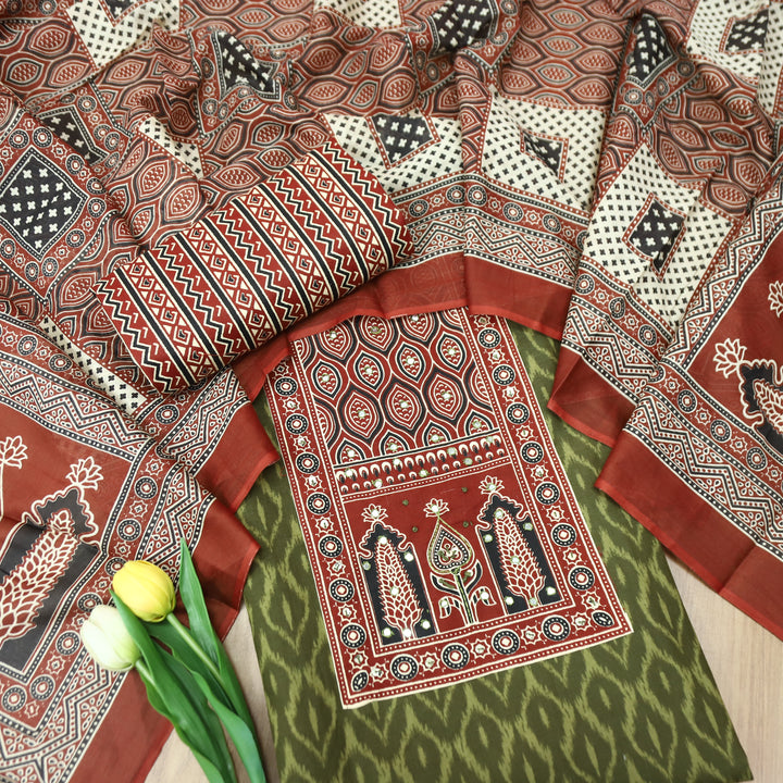 Jogiya Grass Green Ajrak Printed Thread with Mirror Yoke Ikkat Print Cotton Suit Set
