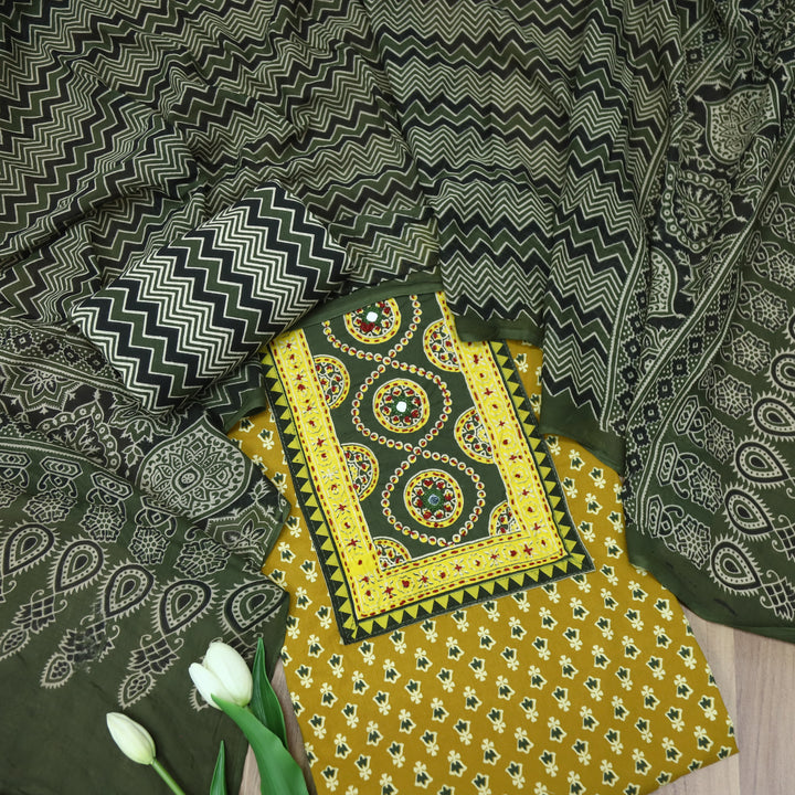 Rubayat Dandelion Yellow Mirror Neck Work in Printed Cotton Suit Set