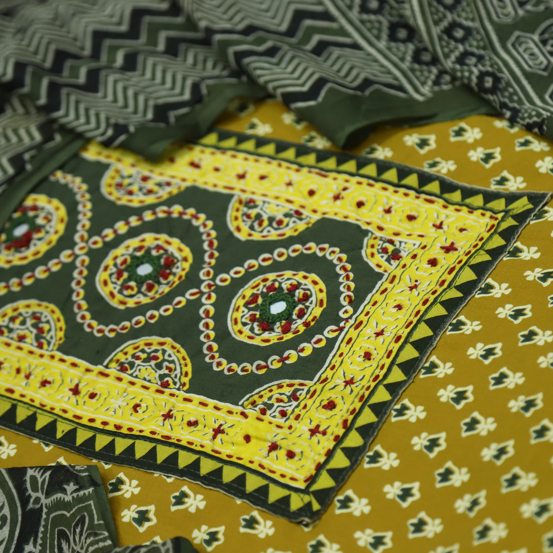 Rubayat Dandelion Yellow Mirror Neck Work in Printed Cotton Suit Set