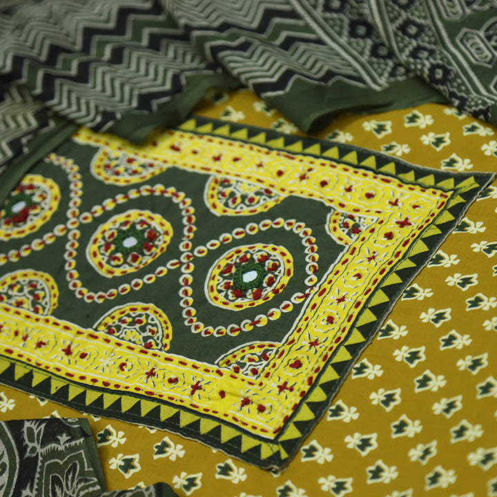 Rubayat Dandelion Yellow Mirror Neck Work in Printed Cotton Suit Set