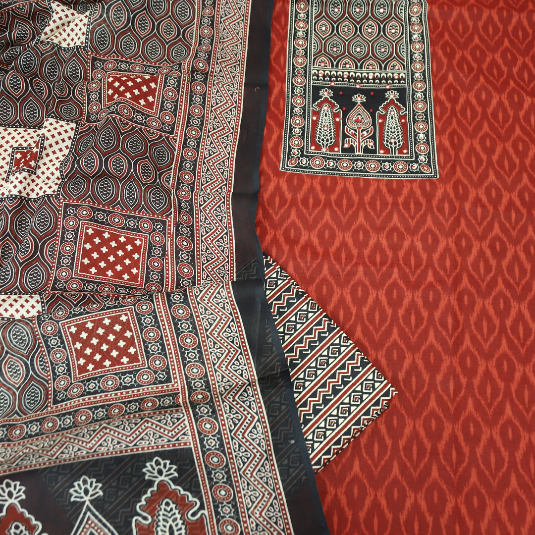 Jogiya Apple Red Ajrak Printed Thread with Mirror Yoke Ikkat Print Cotton Suit Set