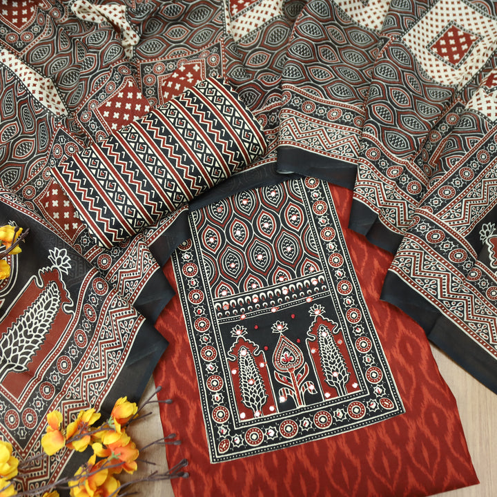 Jogiya Apple Red Ajrak Printed Thread with Mirror Yoke Ikkat Print Cotton Suit Set