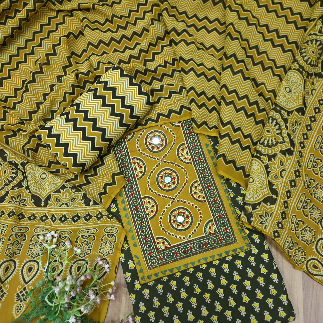 Rubayat Carnation Green Mirror Neck Work in Printed Cotton Suit Set