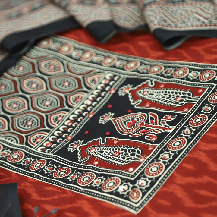 Jogiya Apple Red Ajrak Printed Thread with Mirror Yoke Ikkat Print Cotton Suit Set