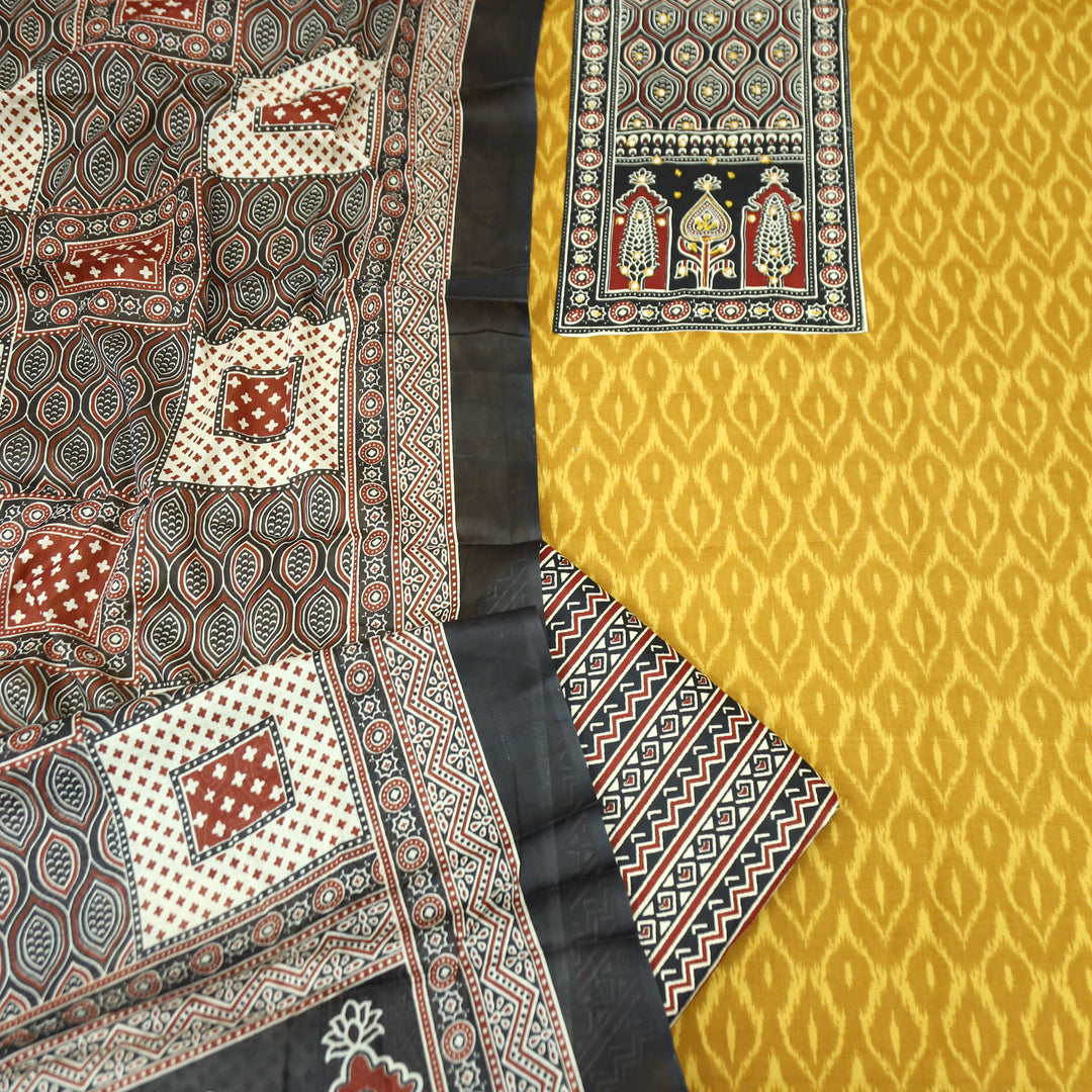 Jogiya Canary Yellow Ajrak Printed Thread with Mirror Yoke Ikkat Print Cotton Suit Set