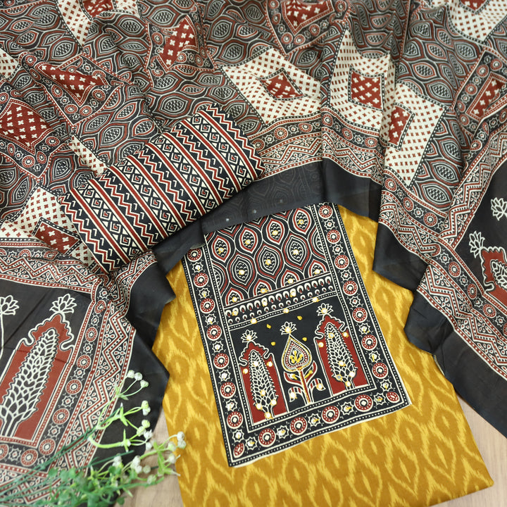 Jogiya Canary Yellow Ajrak Printed Thread with Mirror Yoke Ikkat Print Cotton Suit Set