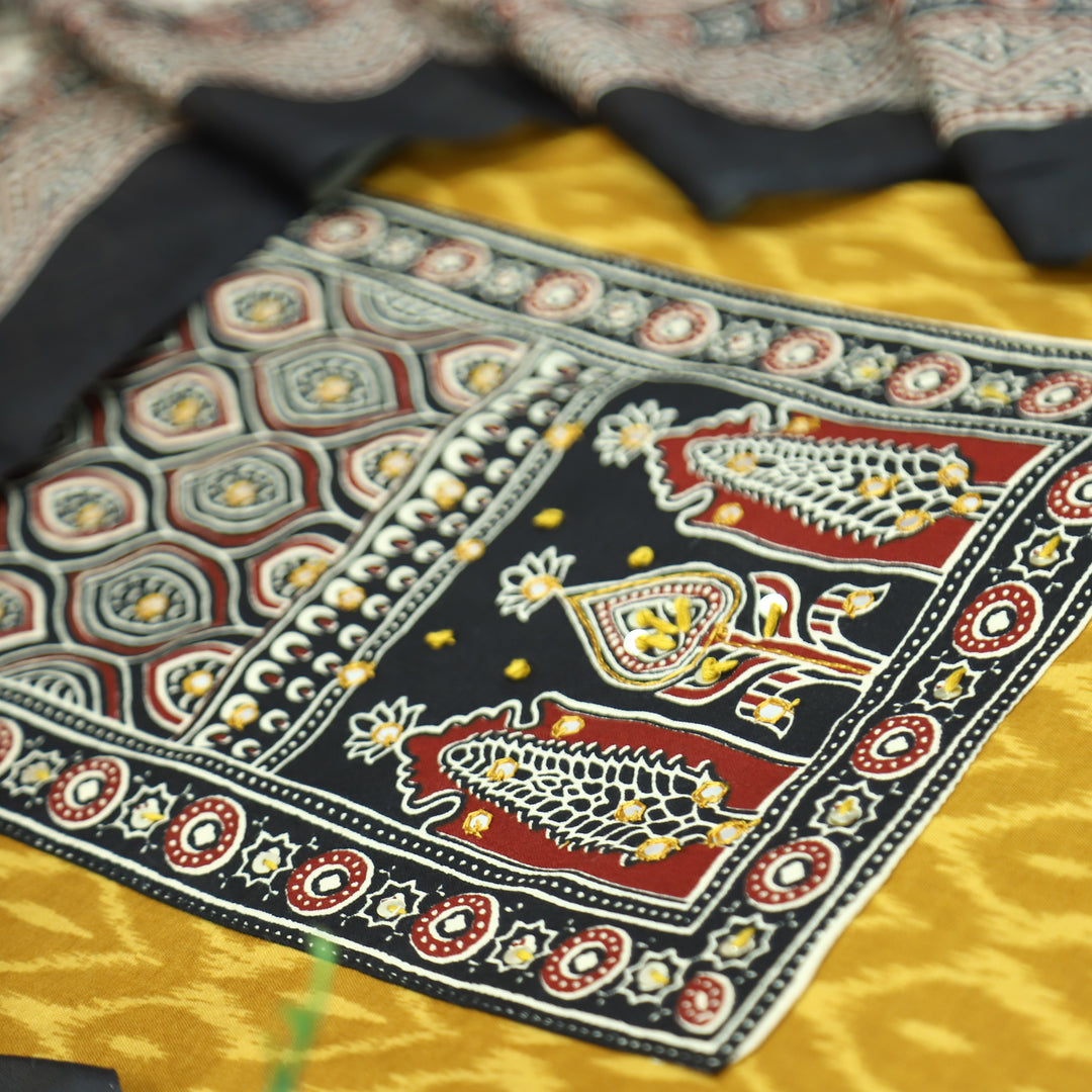 Jogiya Canary Yellow Ajrak Printed Thread with Mirror Yoke Ikkat Print Cotton Suit Set