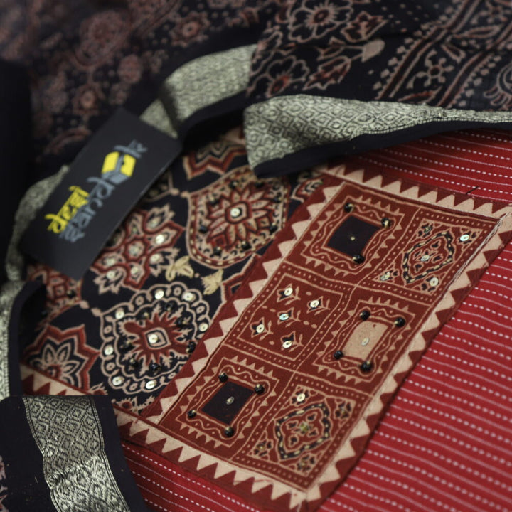 Maroon Kantha Cotton Top with Black Ajrak Printed Dupatta Set -2