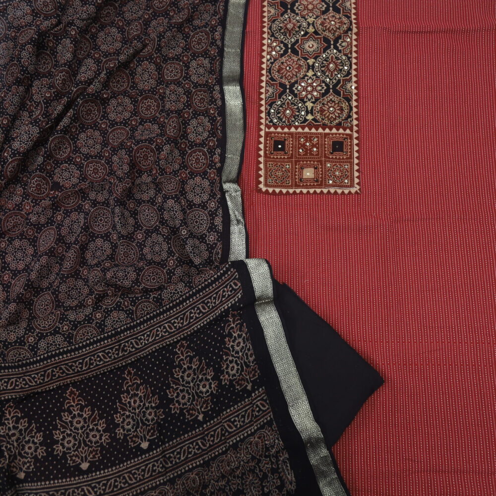 Maroon Kantha Cotton Top with Black Ajrak Printed Dupatta Set -2