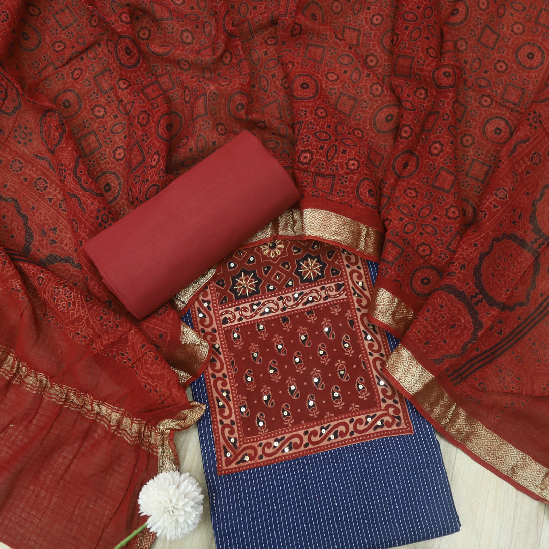 Pardesi Royal Blue Ajrak Printed Patch in Kantha Cotton Suit Set