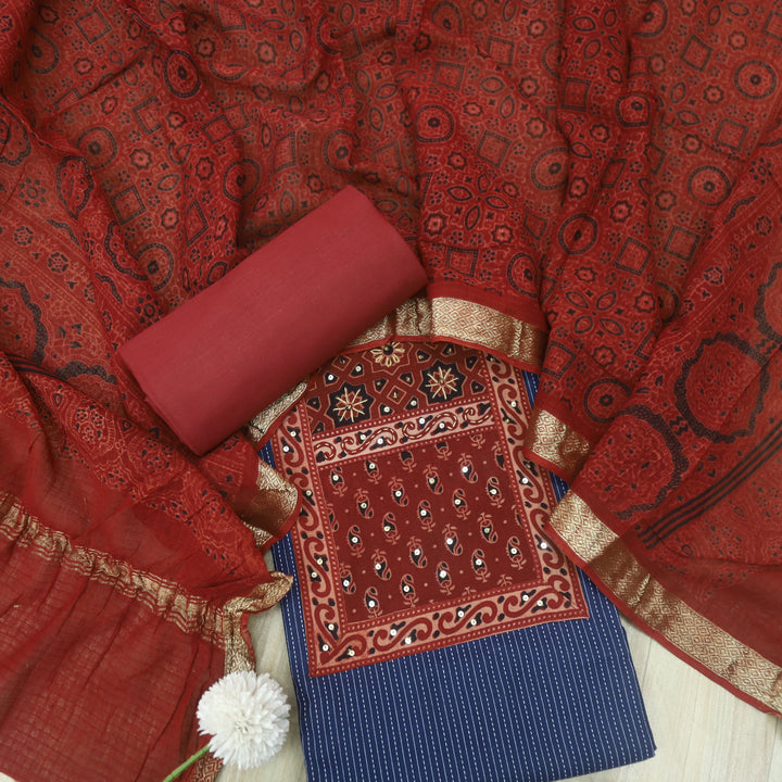 Pardesi Royal Blue Ajrak Printed Patch in Kantha Cotton Suit Set