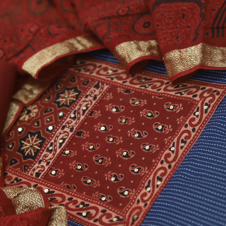 Pardesi Royal Blue Ajrak Printed Patch in Kantha Cotton Suit Set