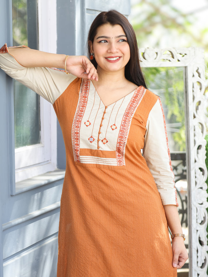 Saundraya Tangerine Rust Mirror with Potli Button Work Yoke Running Stitch Cotton Kurti