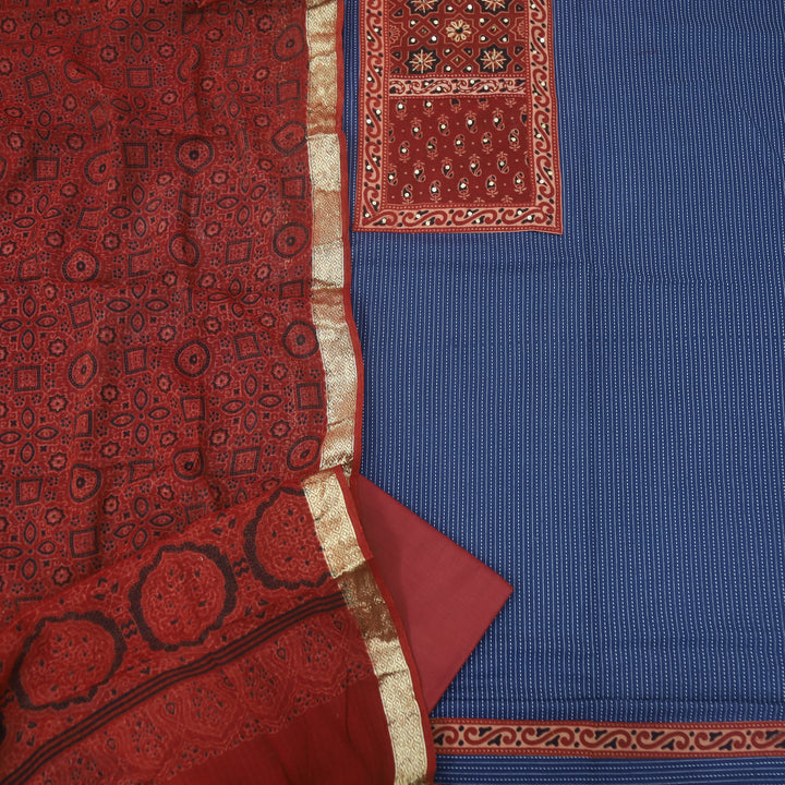 Pardesi Royal Blue Ajrak Printed Patch in Kantha Cotton Suit Set