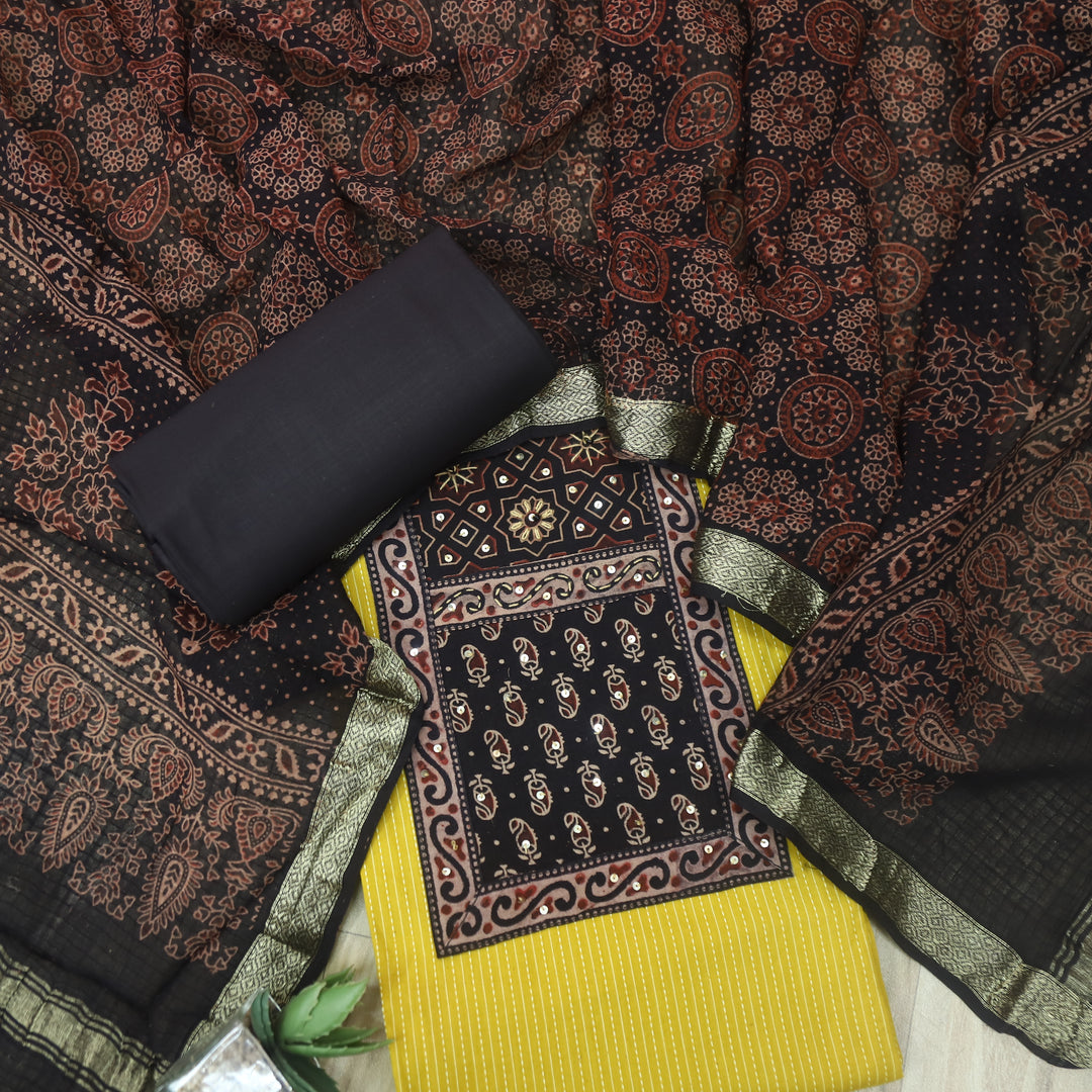 Pardesi Pineapple Yellow Ajrak Printed Patch in Kantha Cotton Suit Set