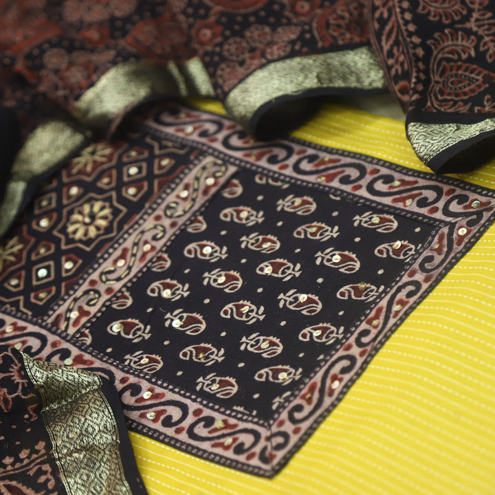 Pardesi Pineapple Yellow Ajrak Printed Patch in Kantha Cotton Suit Set