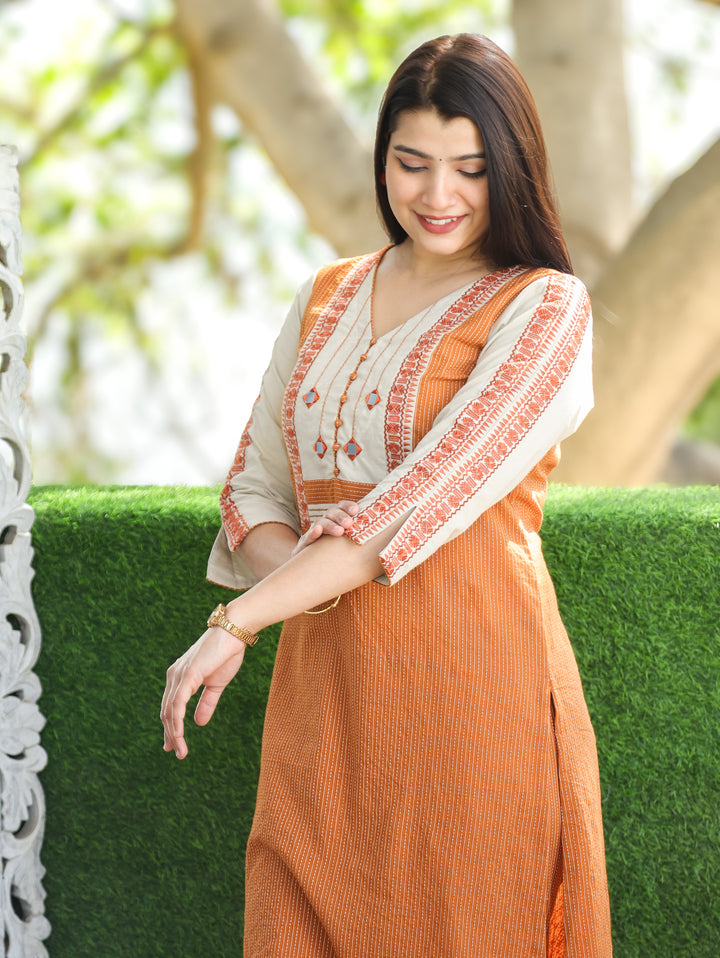 Saundraya Tangerine Rust Mirror with Potli Button Work Yoke Running Stitch Cotton Kurti