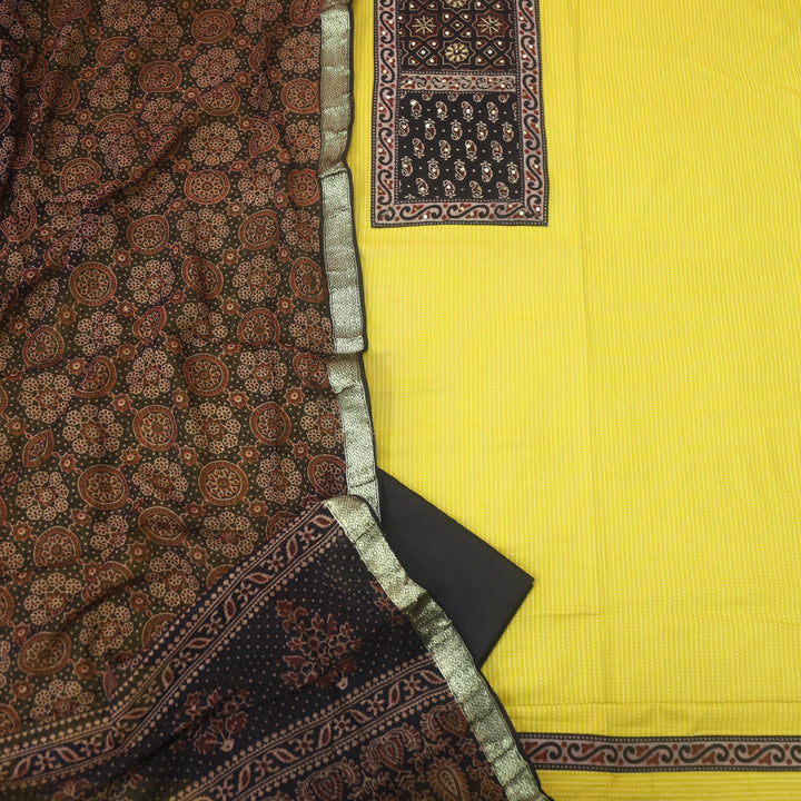 Pardesi Pineapple Yellow Ajrak Printed Patch in Kantha Cotton Suit Set